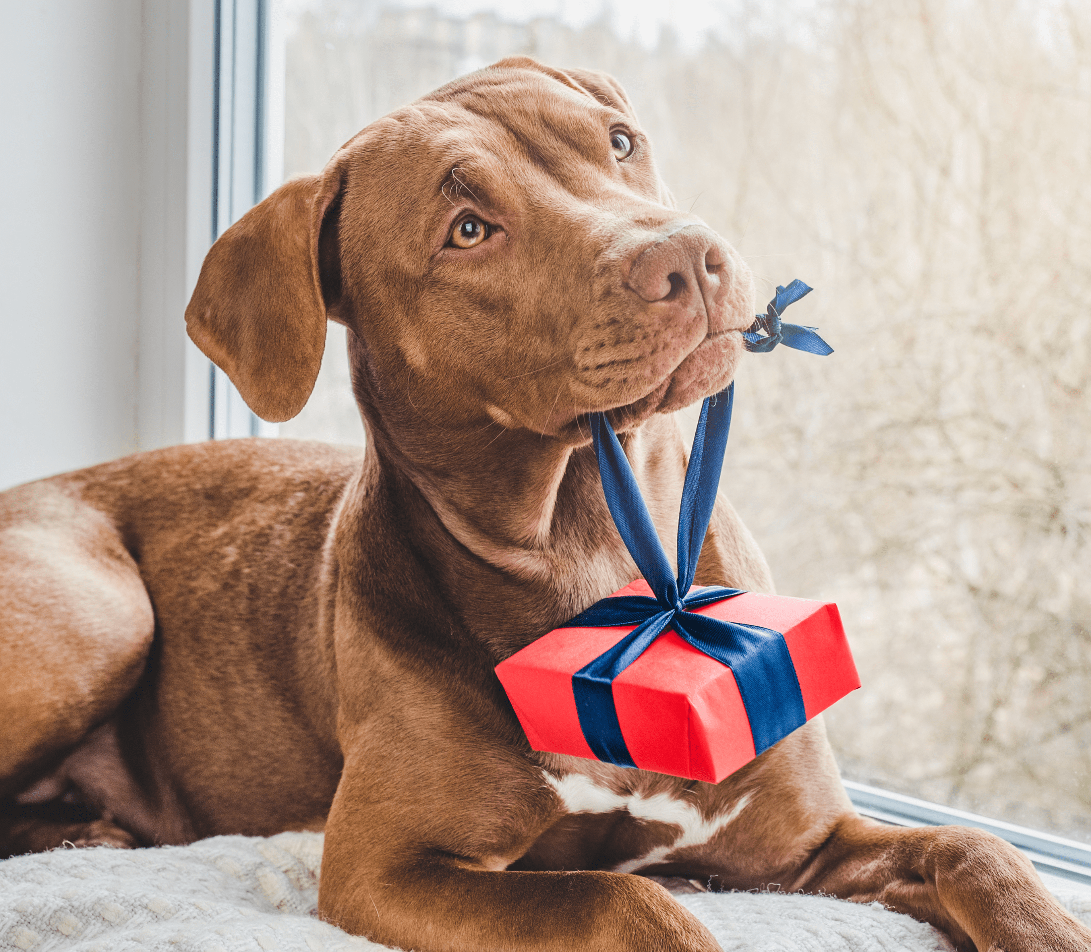 Brown adult dog biting on a blue ribbon of a red gift